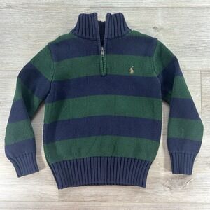 POLO Ralph Lauren Size 5 Boys Quarter Zip Stripped Blue Green Sweater Knit